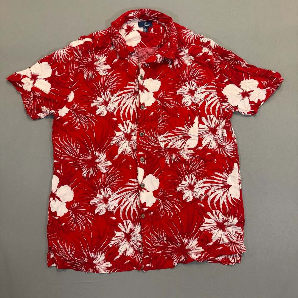 George Hawaiian Shirt Size M Red White Floral Tropical Short Sleeve